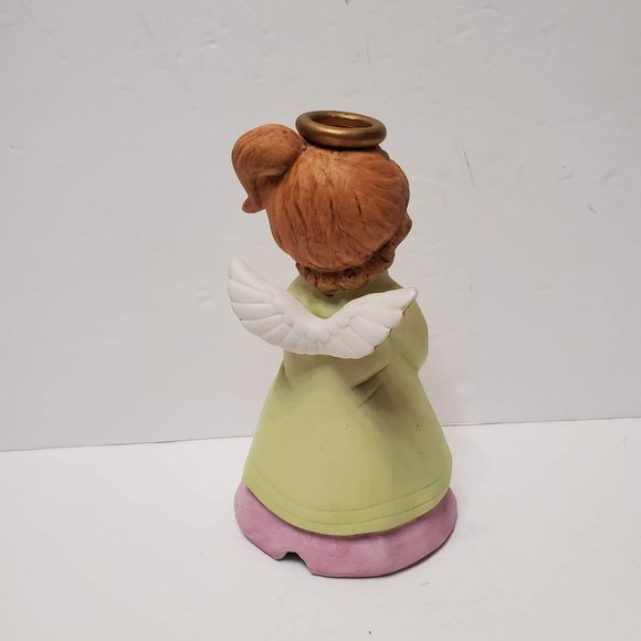 Lefton Angel Figurine, Vintage Bisque Porcelain, Green Pink with Halo, Toes - Picture 4 of 7